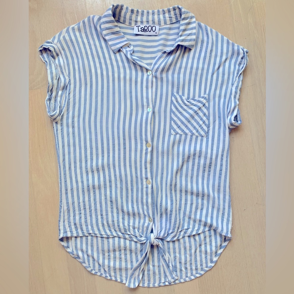 Blue and White Striped Short Cap Sleeve Tie Front Blouse